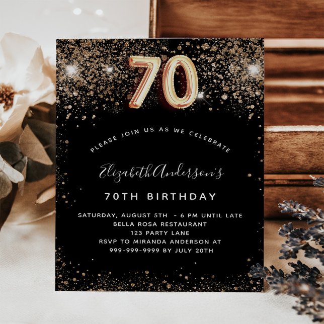70th birthday black gold glitter budget invitation flyer (Creator Uploaded)
