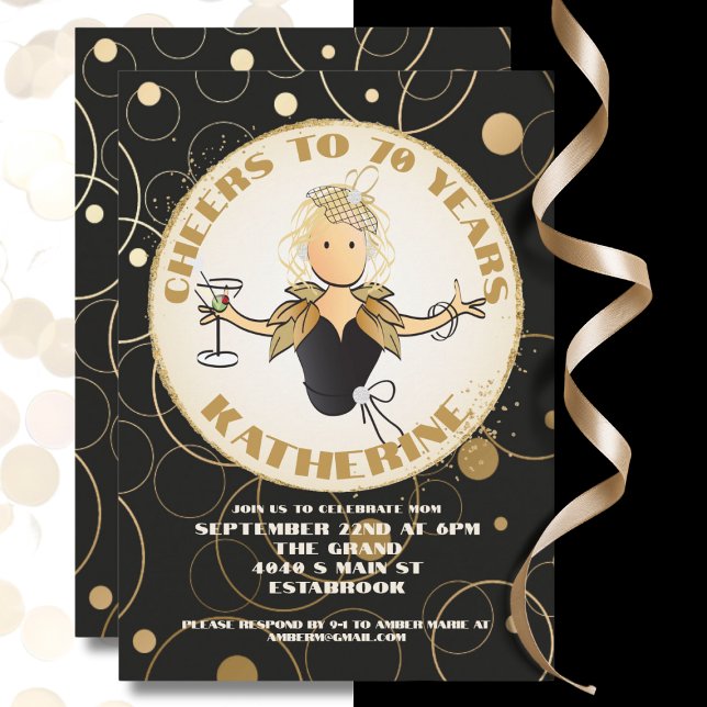 70th Birthday Black Gold Glitter Fabulous Birthday Invitation (Creator Uploaded)