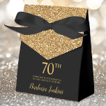 70th Birthday Black Gold Glitter Thank You Favour Box<br><div class="desc">This fabulous modern 70th Birthday Black Gold Glitter Thank You favour box with sparkling gold glitter, the birthday girl's name in a trendy script font, and tied with an elegant black bow would be perfect for your event. It would be great for a candy station, on a thank you gift...</div>