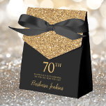 70th Birthday Black Gold Glitter Thank You Favour Box<br><div class="desc">This fabulous modern 70th Birthday Black Gold Glitter Thank You favour box with sparkling gold glitter, the birthday girl's name in a trendy script font, and tied with an elegant black bow would be perfect for your event. It would be great for a candy station, on a thank you gift...</div>