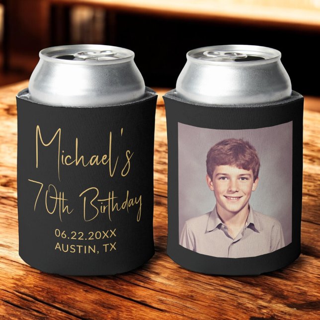 70th Birthday Black Gold Instagram Photo Can Cooler (Creator Uploaded)