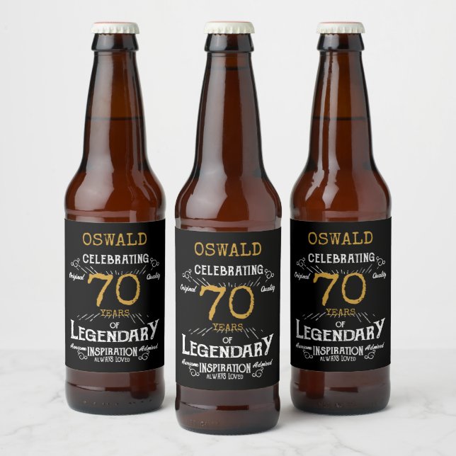 70th Birthday Black Gold Legendary Funny Beer Bottle Label (Bottles)