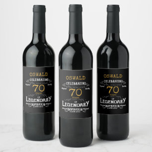 70th Birthday Black Gold Legendary Funny Wine Labe Label