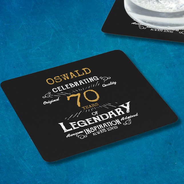 70th Birthday Black Gold  Legendary Retro Square Paper Coaster (A personalized elegant 70th birthday paper coaster)
