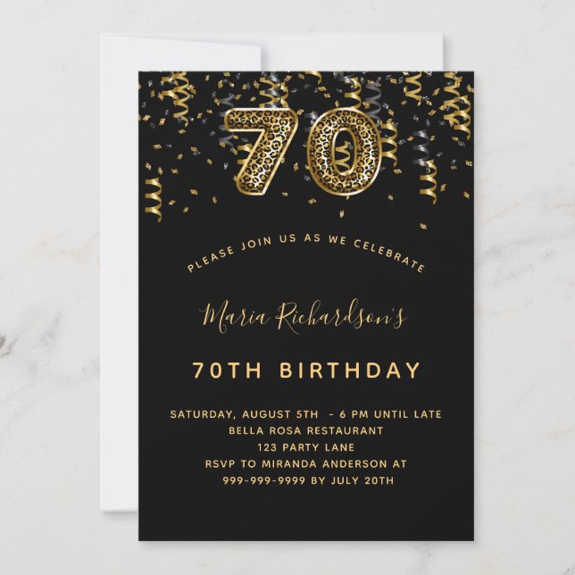70th birthday black gold leopard invitation (Front)