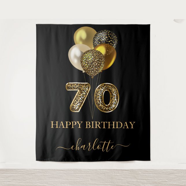 70th birthday black gold leopard name script tapestry (Front)