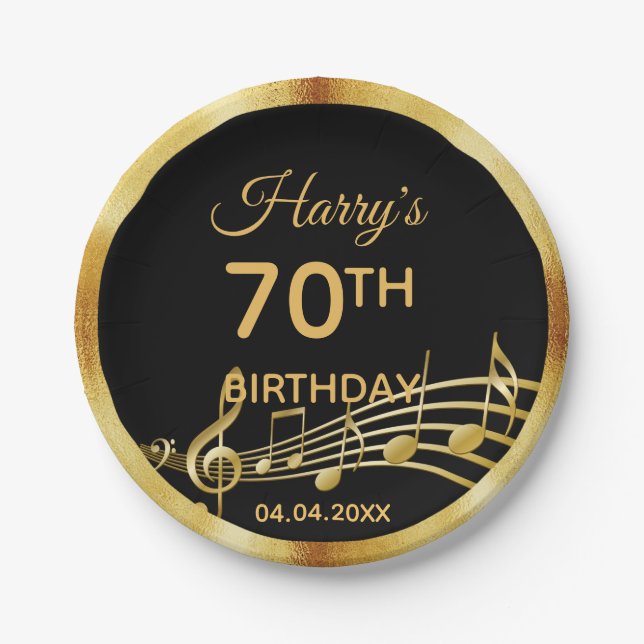 70th birthday black gold music notes name paper plate (Front)