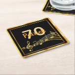 70th birthday black gold music notes name square paper coaster<br><div class="desc">Black background with faux gold music notes for a 70th birthday party. With a faux gold frame. Templates for age and name.  The name is written in a hand-lettered style script.  Golden letters and number.  For both him and her.</div>