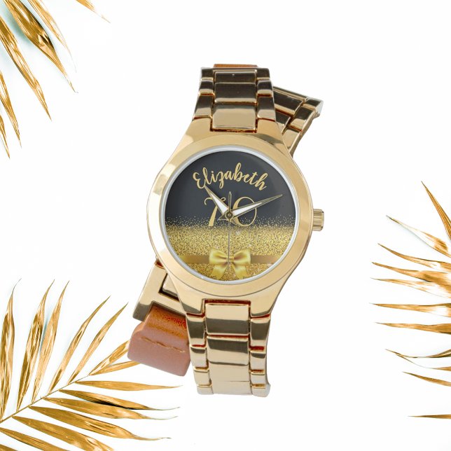 70th birthday black gold name elegant bow watch (Creator Uploaded)