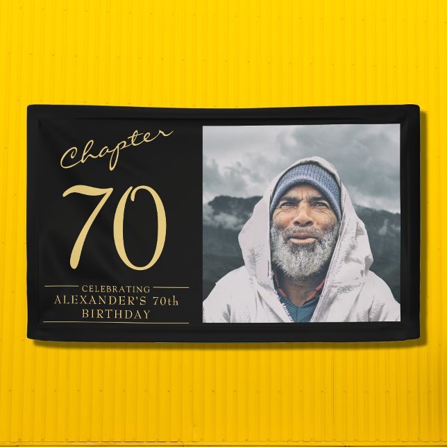 70th Birthday Black Gold Photo Banner (A unique 70th birthday party banner easily personalized with your favorite photo.)