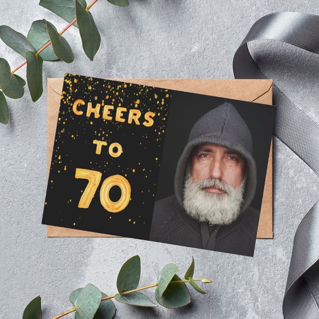 70th birthday black gold photo cheers invitation (Creator Uploaded)