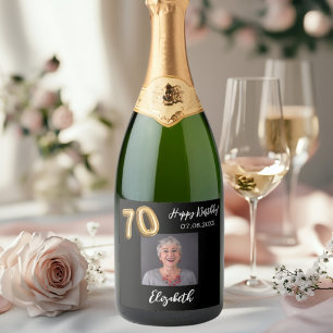 70th Birthday black gold photo Sparkling Wine Label