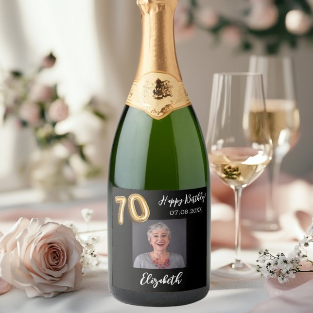 70th Birthday black gold photo Sparkling Wine Label (Creator Uploaded)