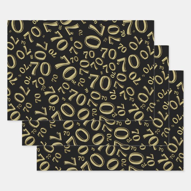 70th Birthday Black/Gold Random Number Pattern 70 Wrapping Paper Sheet (Set)