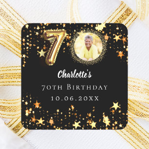 70th birthday black gold stars photo square sticker