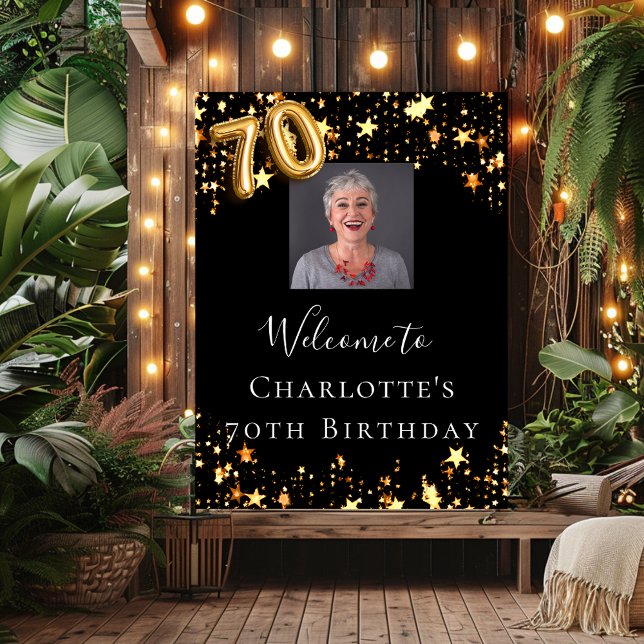 70th birthday black gold stars photo welcome poster (Creator Uploaded)