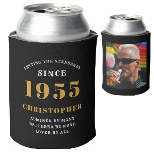 70th Birthday Black Gold With Photo Can Cooler