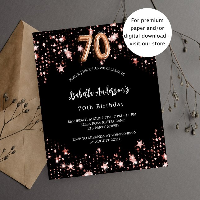 70th birthday black rose gold budget invitation (Creator Uploaded)