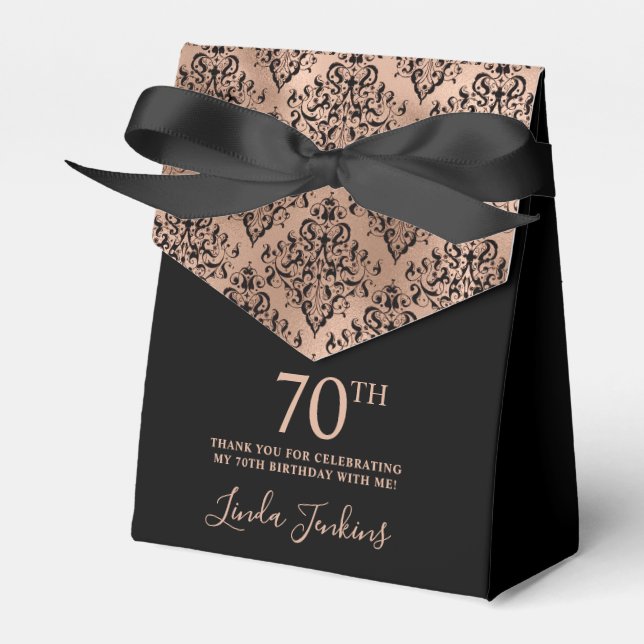 70th Birthday Black Rose Gold Damask Thank You Favour Box (Front Side)