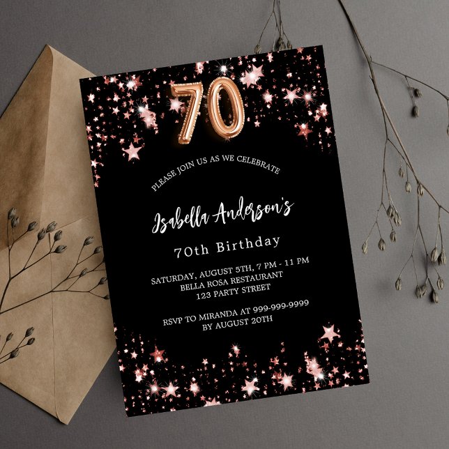 70th birthday black rose gold stars luxury invitation (Creator Uploaded)