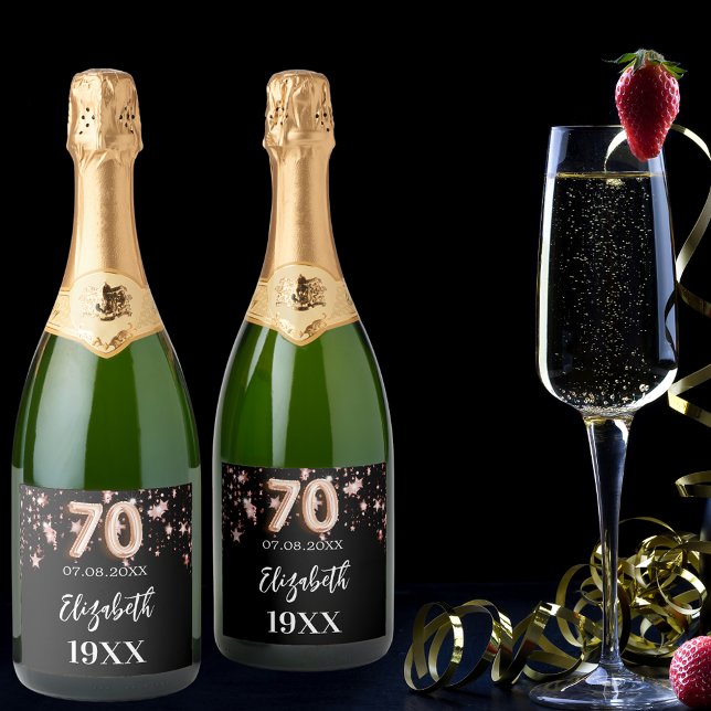 70th Birthday black rose gold stars Sparkling Wine Label (Creator Uploaded)