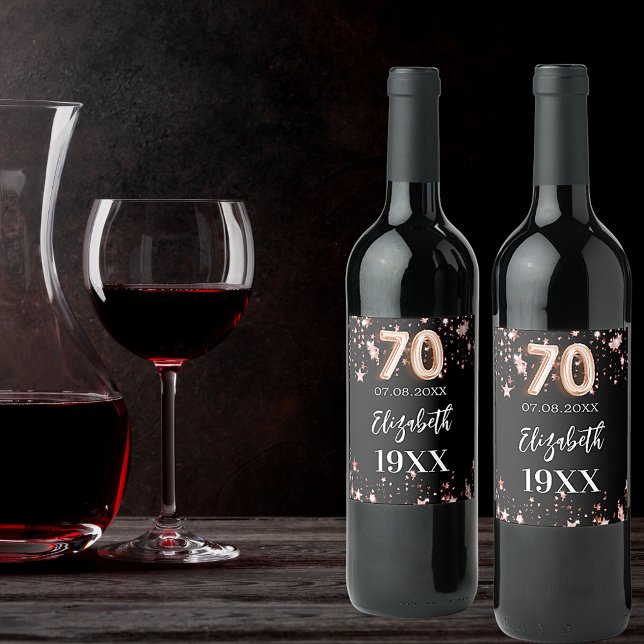70th Birthday black rose gold stars Wine Label (Creator Uploaded)