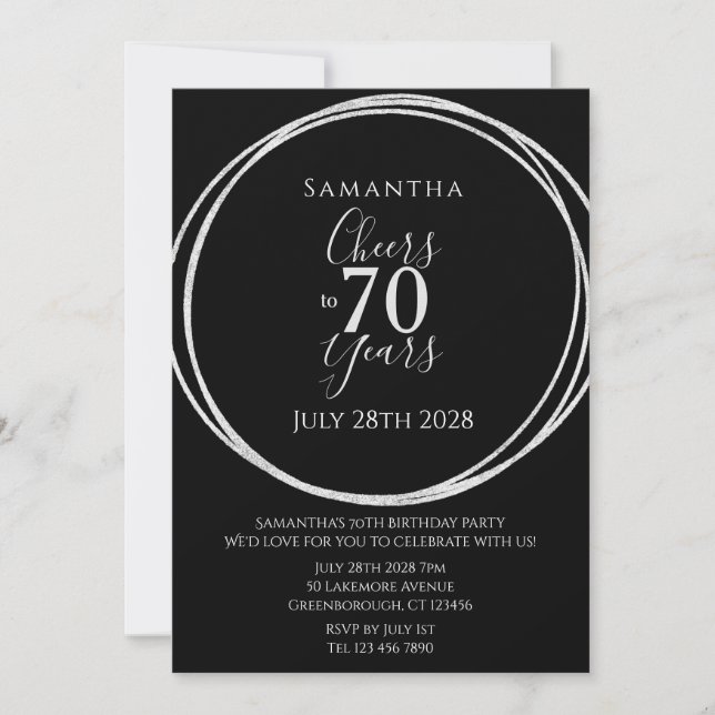 70th Birthday Black Silver Cheers 70 Years Party Invitation (Front)