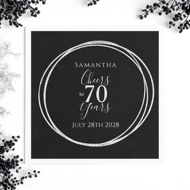 70th Birthday Black Silver Cheers 70 Years Party Napkin (Creator Uploaded)