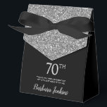 70th Birthday Black Silver Glitter Thank You Favour Box<br><div class="desc">This fabulous modern 70th Birthday Black Silver Glitter Thank You favour box with sparkling silver glitter, the birthday girl's name in a trendy script font, and tied with an elegant black bow would be perfect for your event. It would be great for a candy station, on a thank you gift...</div>