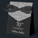 70th Birthday Black Silver Glitter Thank You Favour Box<br><div class="desc">This fabulous modern 70th Birthday Black Silver Glitter Thank You favour box with sparkling silver glitter, the birthday girl's name in a trendy script font, and tied with an elegant black bow would be perfect for your event. It would be great for a candy station, on a thank you gift...</div>