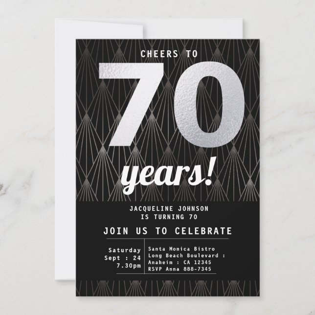 70th Birthday Black Silver Party Invitation (Front)