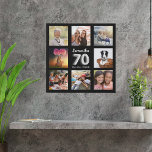 70th birthday black silver photo collage faux canvas print<br><div class="desc">A unique gift for a 70th birthday, celebrating her life with a collage of 8 of your own photos, pictures. Personalise and add her name and a date. A chic black background. The name is written with a modern hand lettered style script, number 70 with a faux silver balloon style...</div>