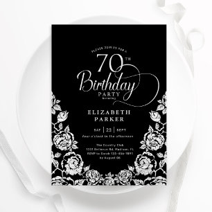 70th Birthday Black Silver Roses Invitation