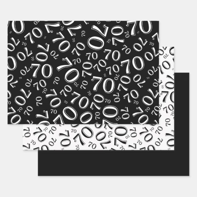 70th Birthday Black & White Number Pattern 70 Wrapping Paper Sheet (Set)
