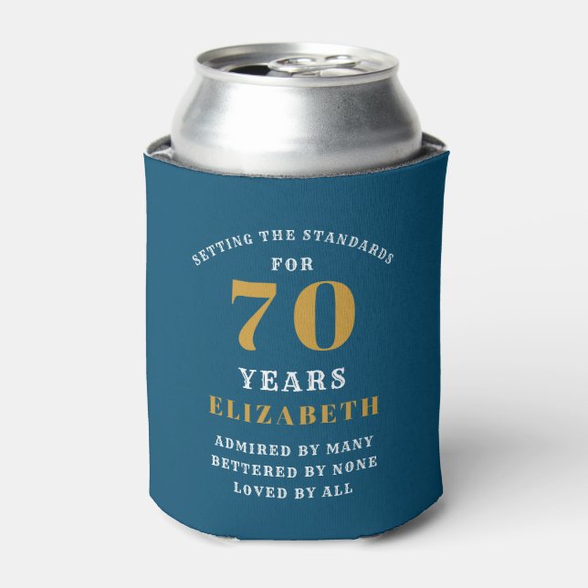 70th Birthday Blue And Gold Add Your Name Can Cooler (Can Front)