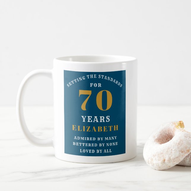 70th Birthday Blue And Gold Add Your Name Coffee Mug (With Donut)