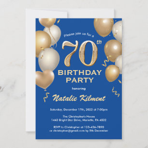 70th Birthday Blue and Gold Glitter Balloons Invitation