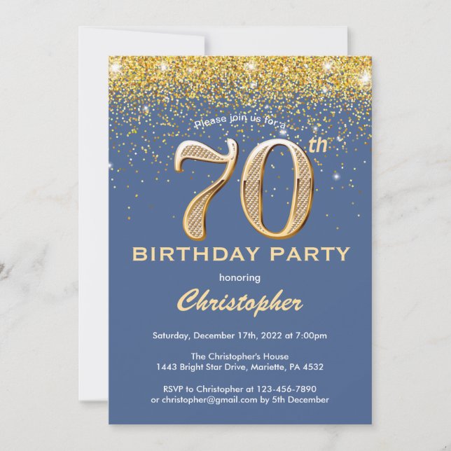 70th Birthday Blue and Gold Glitter Confetti Invitation (Front)
