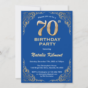70th Birthday Blue and Gold Glitter Frame Invitation