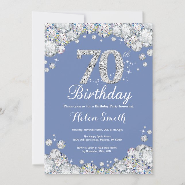 70th Birthday Blue and Silver Diamond Invitation (Front)