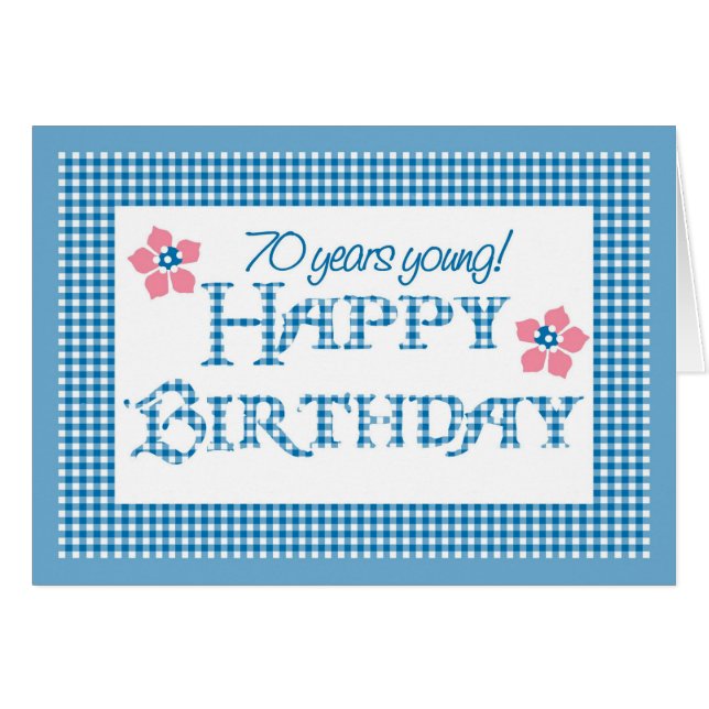 70th Birthday, Blue Check Gingham Pattern (Front Horizontal)