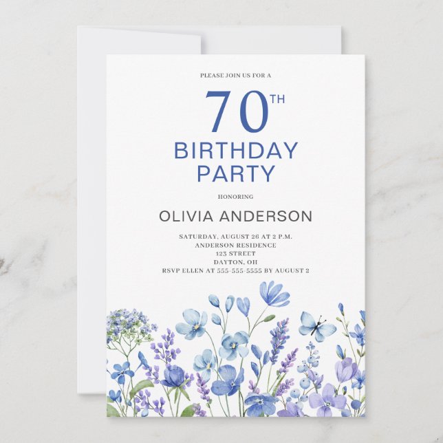 70th Birthday Blue Floral Invitation (Front)