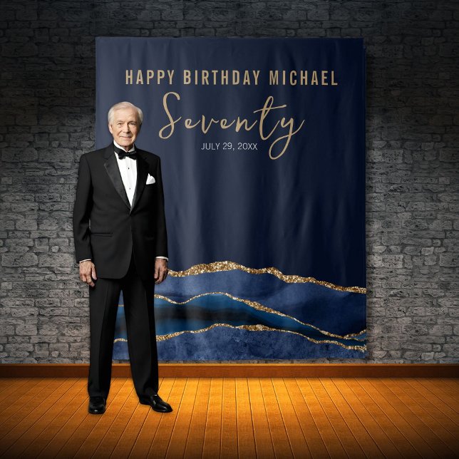 70th Birthday Blue Gold Agate Photo Backdrop Tapestry (Creator Uploaded)