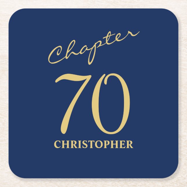 70th Birthday Blue Gold Chapter 70 Square Paper Coaster (Front)
