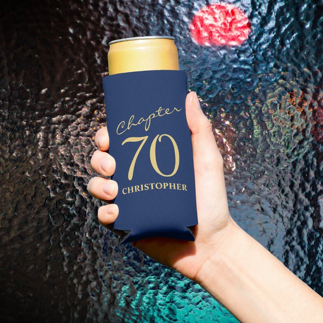 70th Birthday Blue Gold Seltzer Can Cooler (Creator Uploaded)