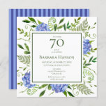 70th Birthday Blue Hydrangeas Invitation<br><div class="desc">This blue hydrangea 70th birthday party/bunch invitation is whimsical and stunning! With its watercolor multi-hued blue hydrangeas, wispy natural greenery, and coordinating blue striped back it is perfect for any young woman you love. By selecting Personalise this template and typing in your information you can see your gorgeous invitations in...</div>