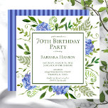 70th Birthday Blue Hydrangeas Invitation<br><div class="desc">This blue hydrangea 70th birthday party/bunch invitation is whimsical and stunning! With its watercolor multi-hued blue hydrangeas, wispy natural greenery, and coordinating blue striped back it is perfect for any young woman you love. By selecting Personalise this template and typing in your information you can see your gorgeous invitations in...</div>