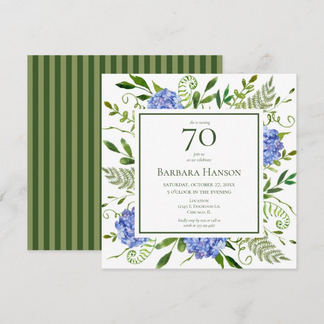 70th Birthday Blue Hydrangeas Invitation (Front/Back)