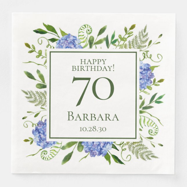 70th Birthday Blue Hydrangeas Napkin (Front)