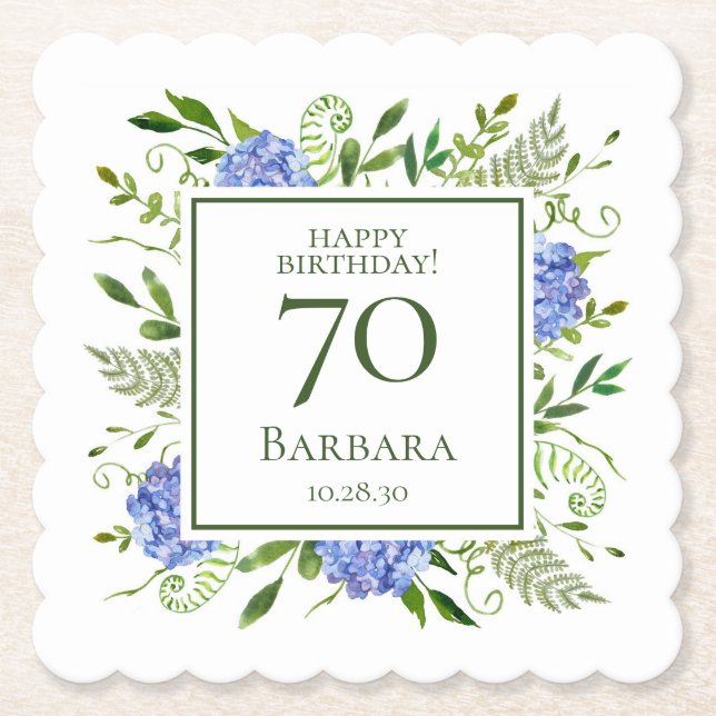 70th Birthday Blue Hydrangeas Paper Coaster (Front)
